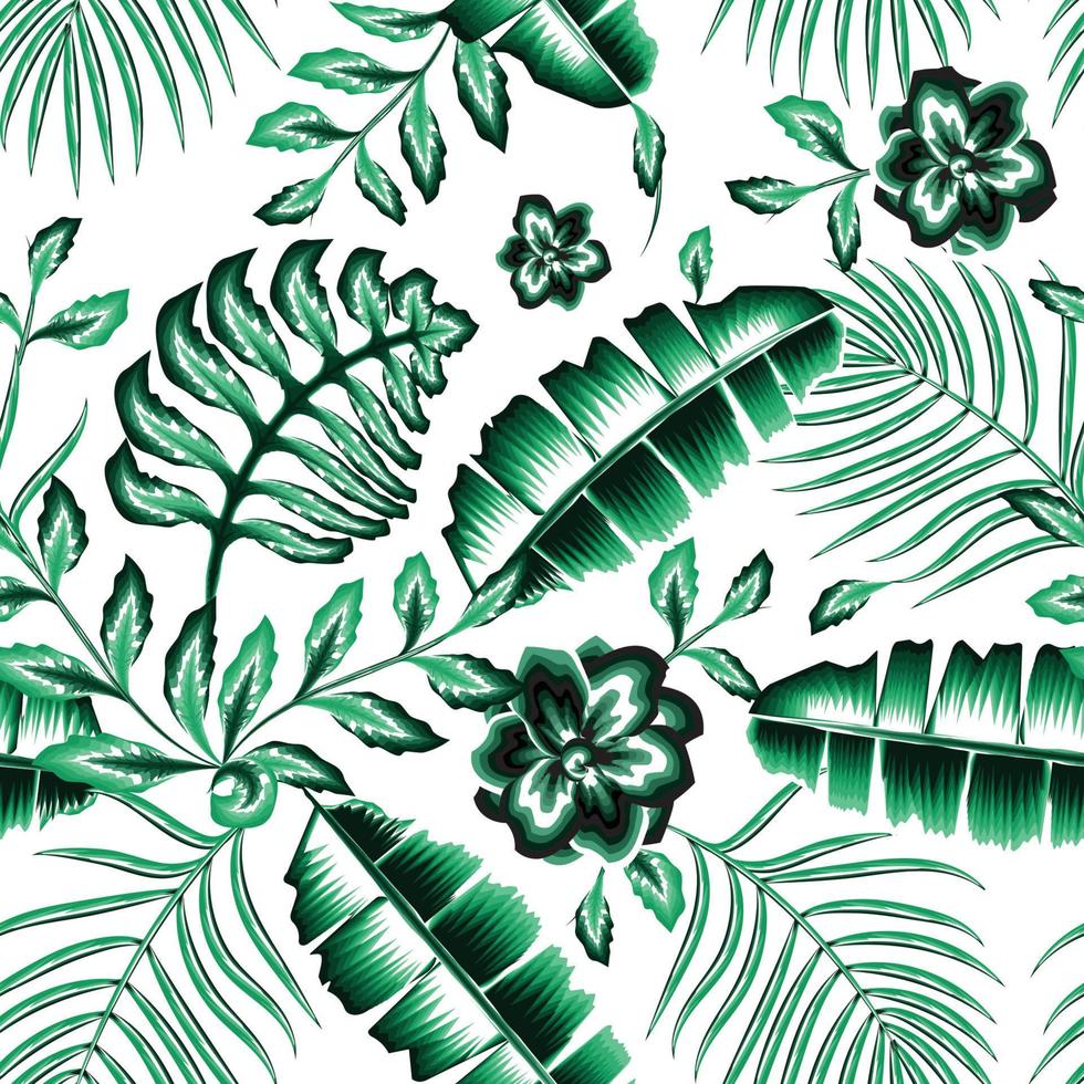 exotisk djungel växter illustration mönster med grön abstrakt banan handflatan löv och jasmin blommor växter lövverk på vit bakgrund. årgång botanisk exotisk illustration tapet. sommar design vektor