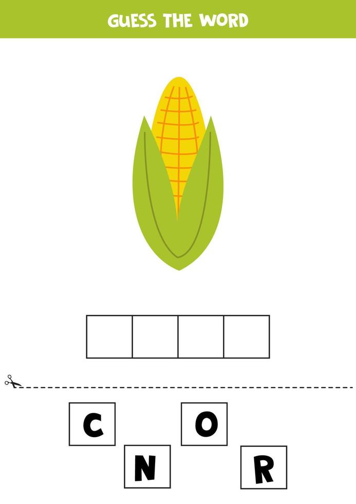 stavning spel för förskola ungar. tecknad serie majs. vektor