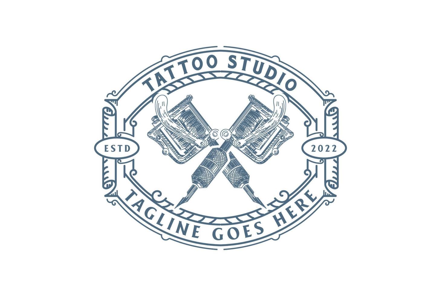 vintage retro gekreuzte tinte tattoo maschine abzeichen emblem label für studio logo design vektor