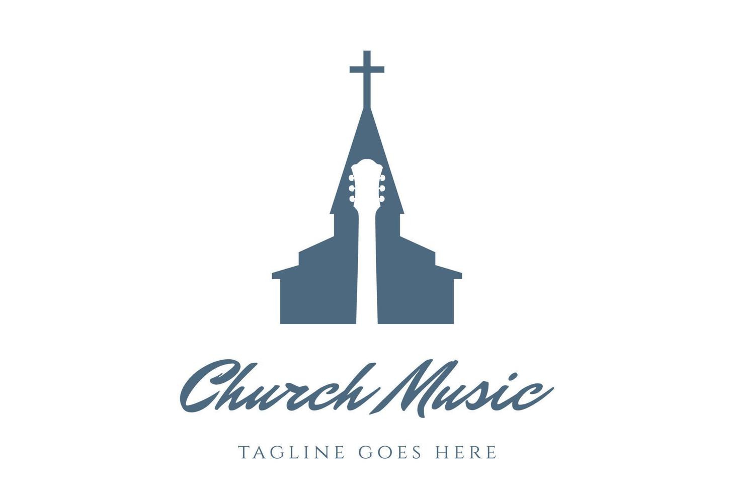 kyrka kapell silhuett med gitarr för religion musik låt logotyp design vektor