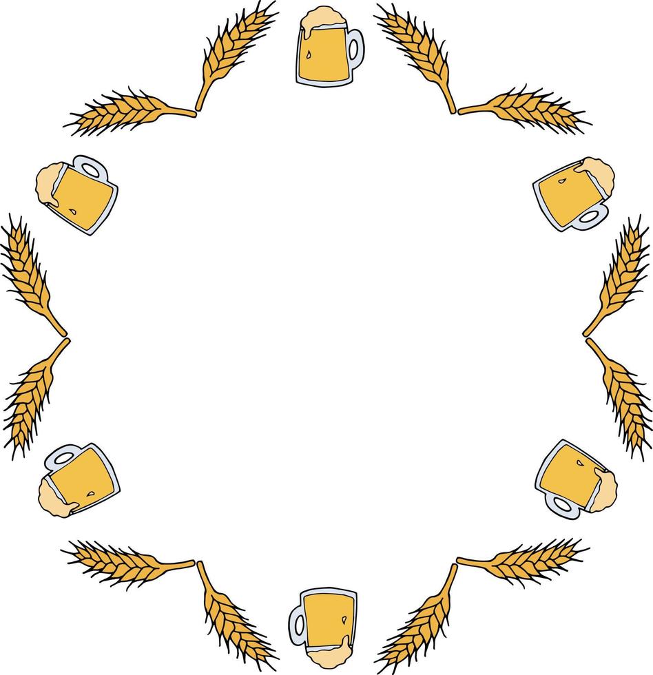 Runder Rahmen mit gemütlichen Bierkrügen auf weißem Hintergrund. Vektorbild. vektor