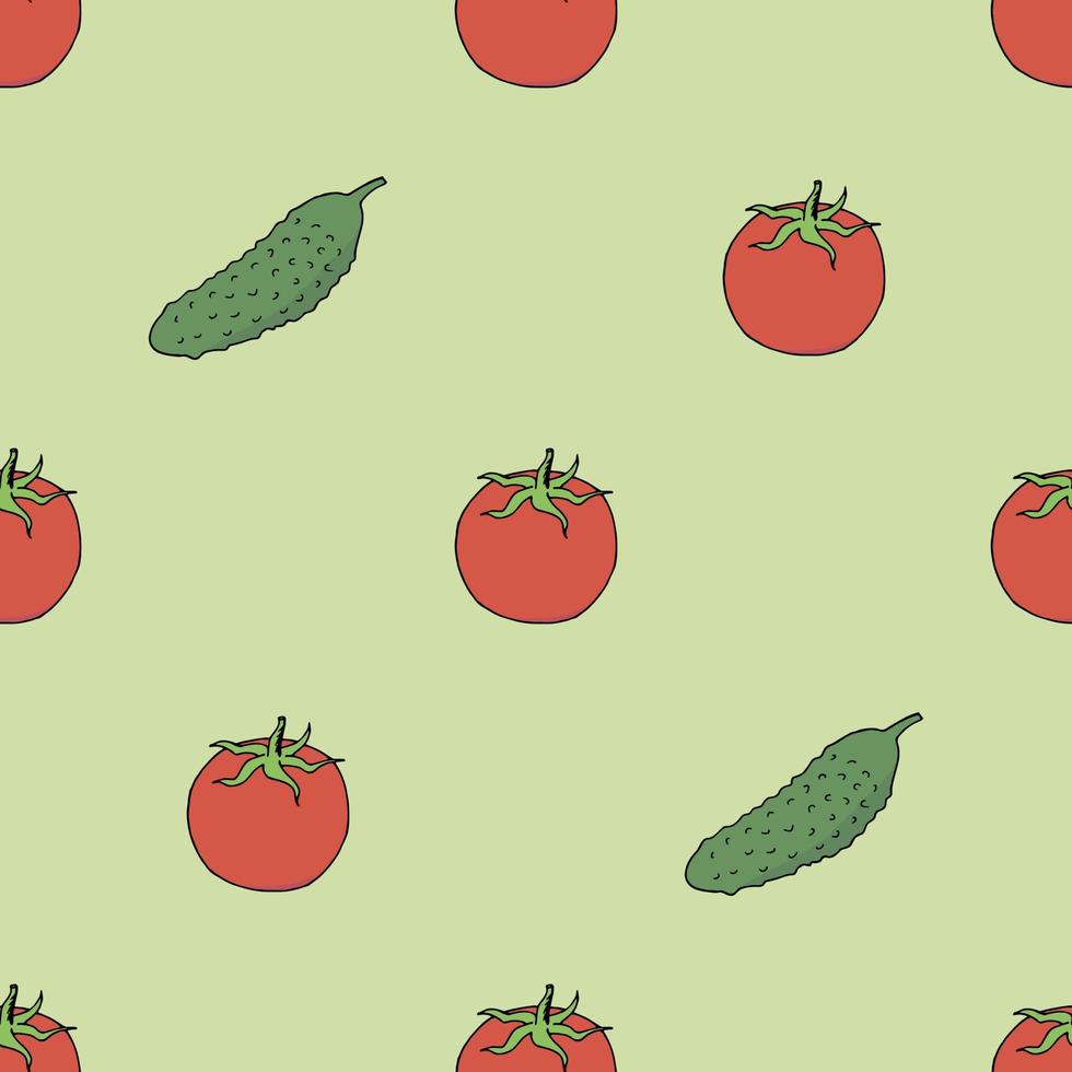 Nahtloses Muster mit Tomaten und Gurken auf hellgrünem Hintergrund. Vektorbild. vektor