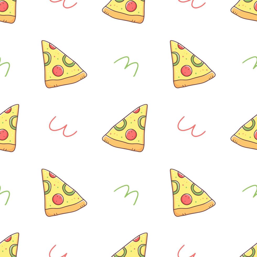 sömlös mönster med en skiva av pizza i klotter stil på en vit bakgrund. vektor mat illustration bakgrund.