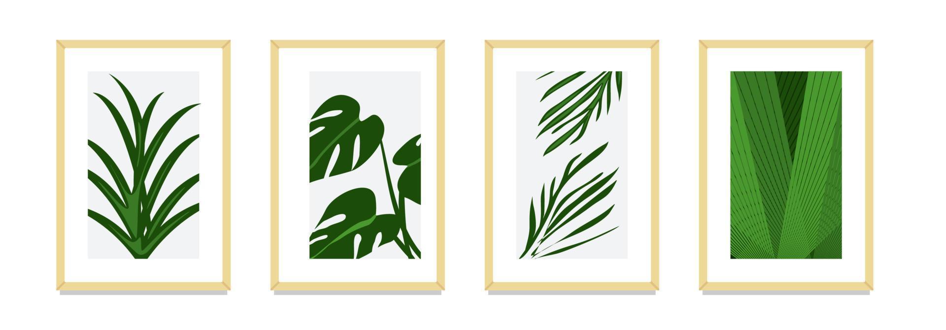 grüner tropischer blattwandkunstplakatdekorations-illustrationsvektor. Monstera und andere natürliche Pflanzenkunstillustrationen für Tapeten. Wandkunstdesign mit grüner Blätterparadies-Atmosphäre vektor