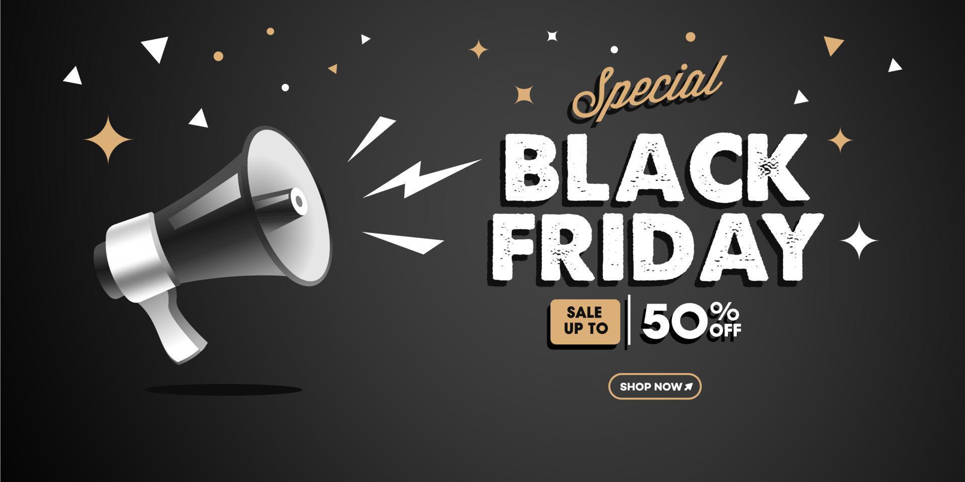 schwarzer freitag-verkaufsbanner mit realistischem 3d-vektor des schwarzen megaphons. Black Friday Sales Banner Template Design für Social Media und Website bis zu 50 Prozent Rabatt vektor