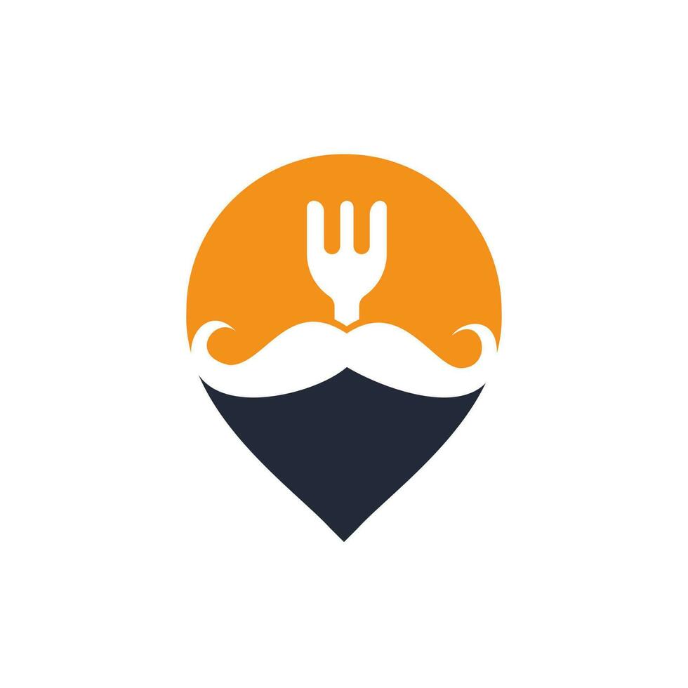 mat guru logotyp mall design. illustration mustasch med gaffel och gps ikon design. vektor