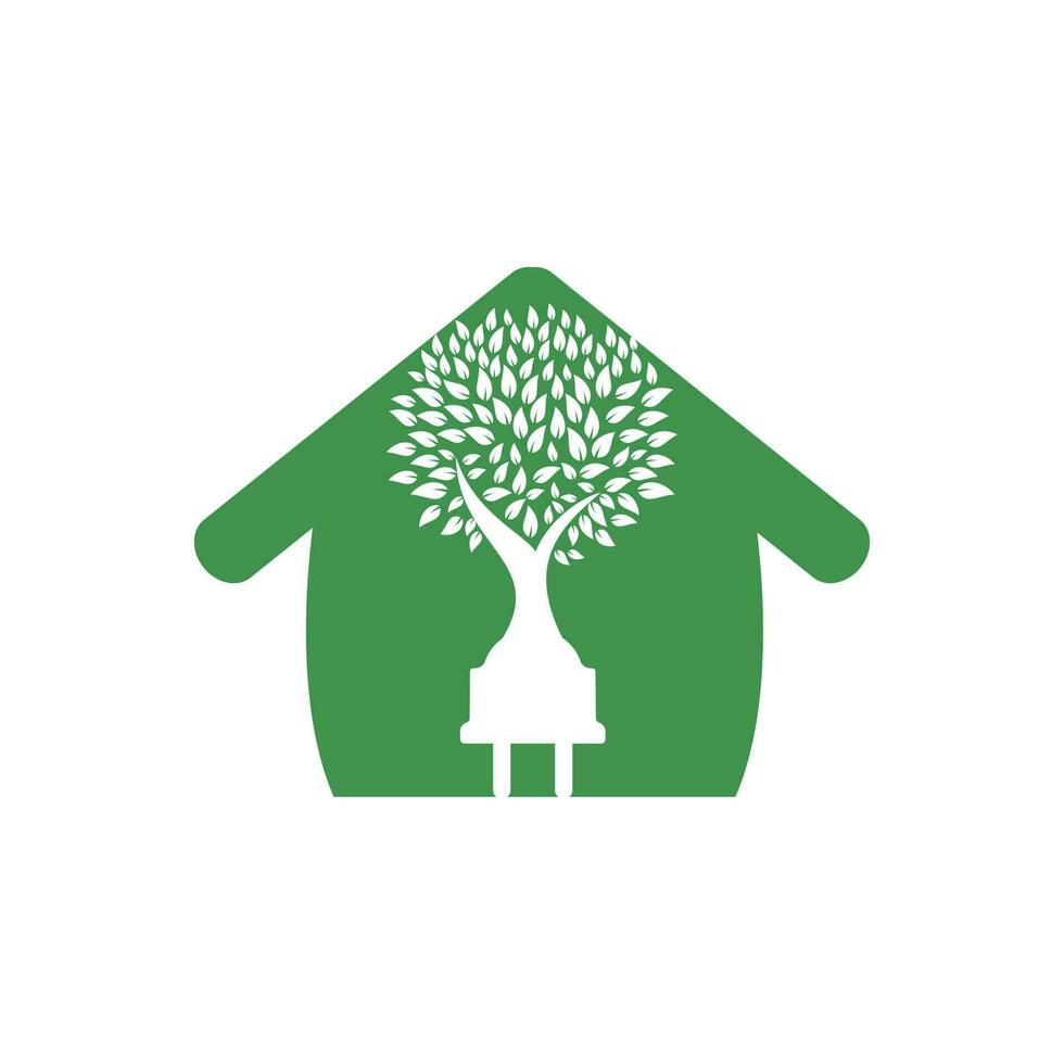 grön energi elektricitet logotyp begrepp. elektrisk plugg ikon med träd och Hem. vektor