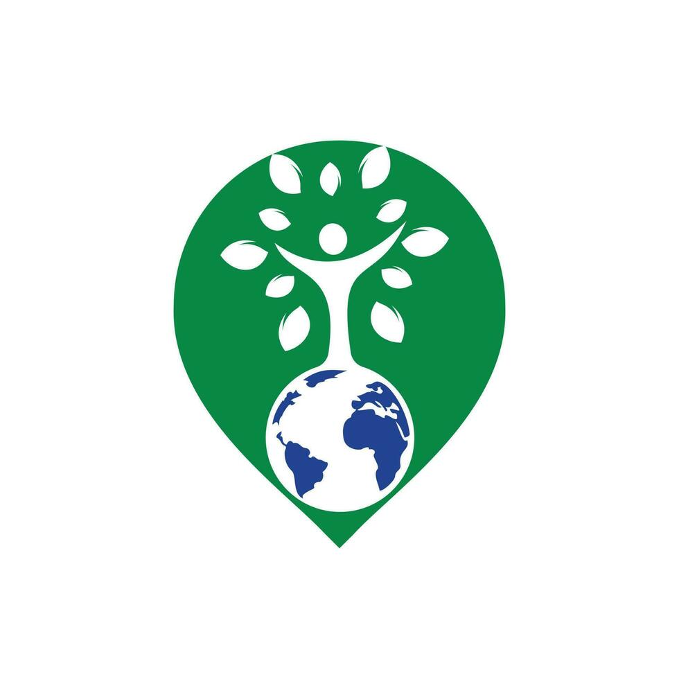 globale menschliche Baum-Vektor-Logo-Design-Vorlage. grüne Pin-Point-Symbol-Logo-Konzept vektor