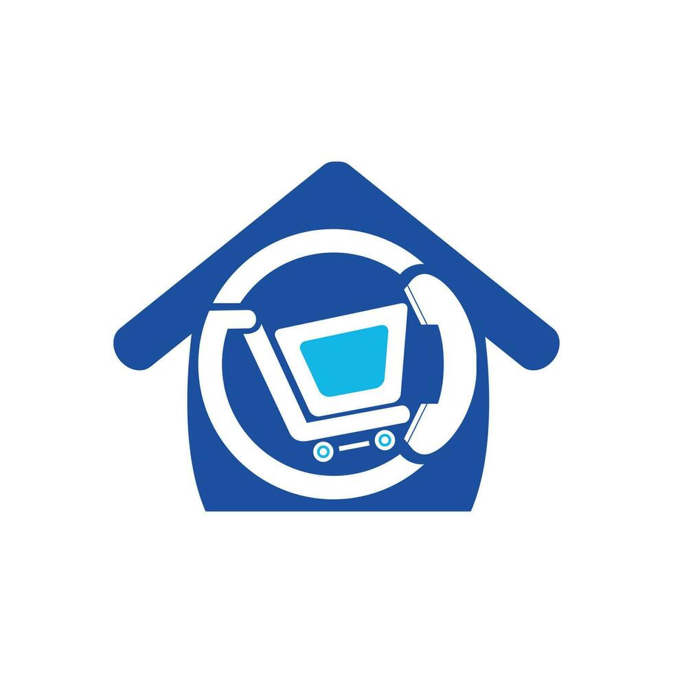 Shopping-Call-Vektor-Logo-Design-Vorlage-Illustration. Warenkorb und Mobilteil mit Home-Symbol. vektor