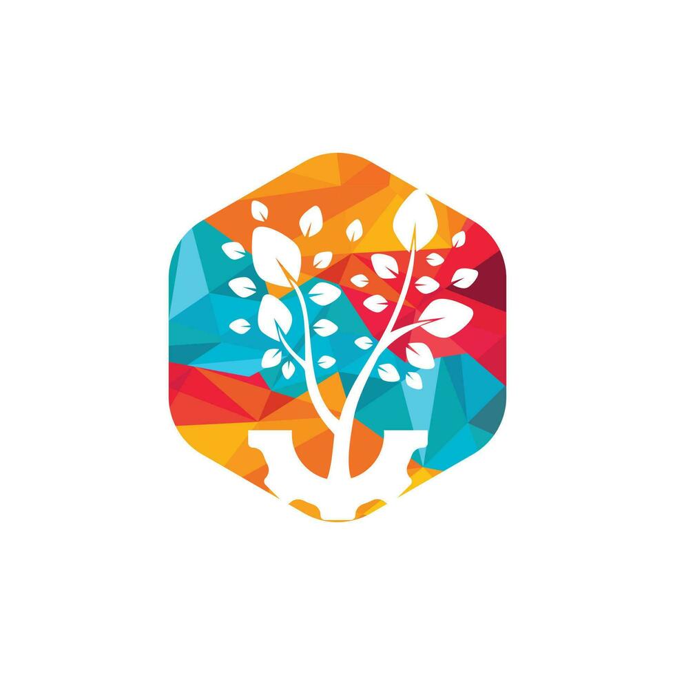 Entwurfsvorlage für das Vektorlogo des Zahnradbaums. Logo der modernen Naturtechnologie. grünes Eco-Tech- und Industrie-Logo-Konzept. vektor