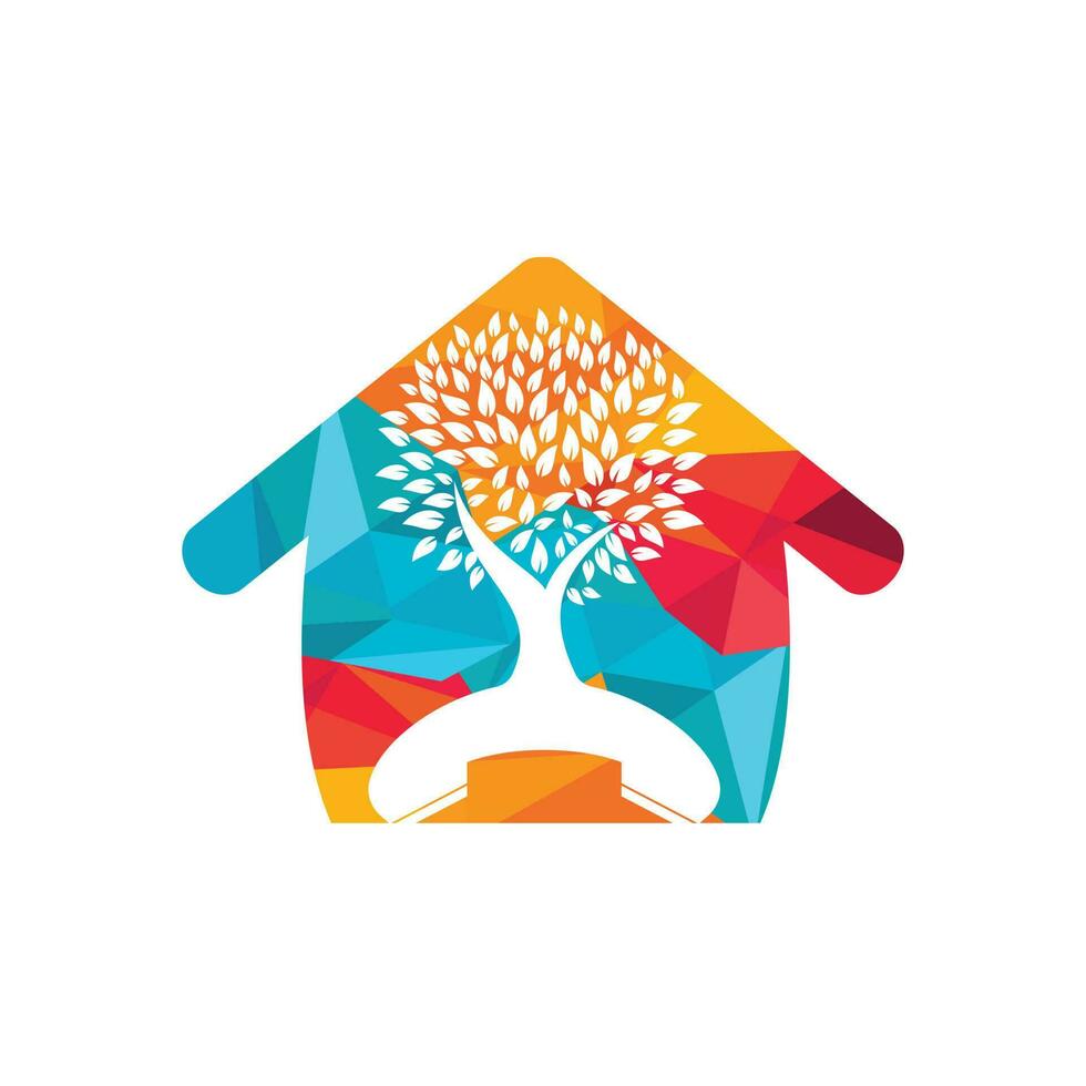 Natur rufen Vektor-Logo-Design. Mobilteil-Baum mit Home-Icon-Design-Vorlage. vektor