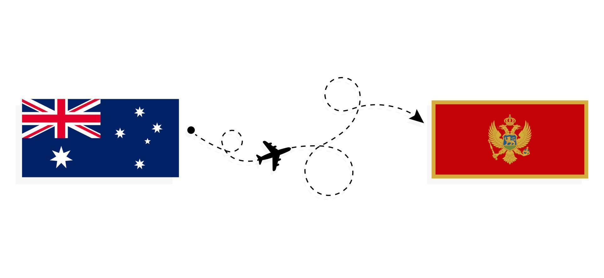 flug und reise von australien nach montenegro mit dem reisekonzept des passagierflugzeugs vektor