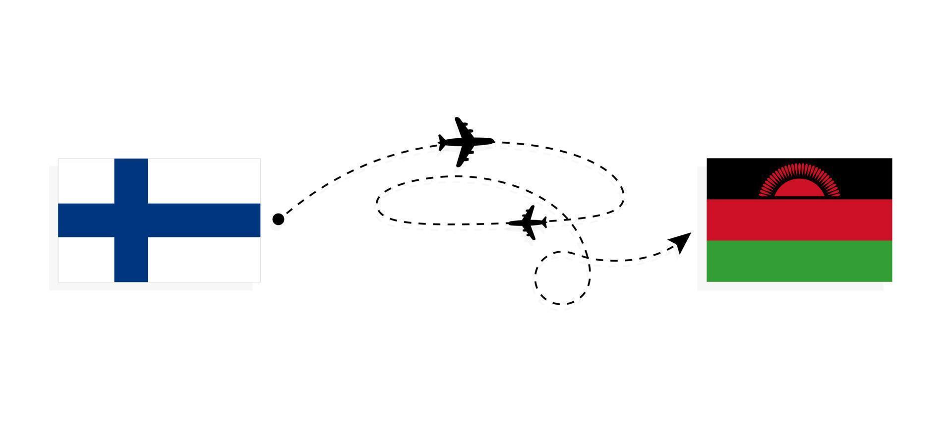 flug und reise von finnland nach malawi mit passagierflugzeug-reisekonzept vektor