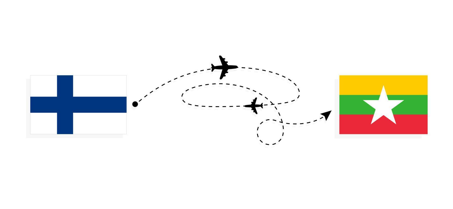 flug und reise von finnland nach myanmar mit dem reisekonzept des passagierflugzeugs vektor