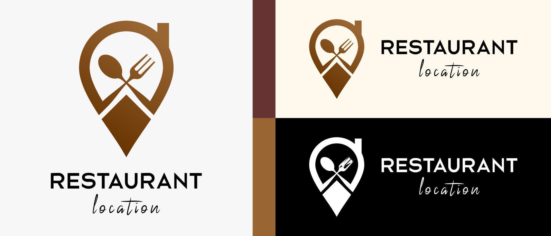 Logo-Designvorlage für Restaurantstandorte mit kreativem Konzept von Löffel und Gabel im Stiftsymbol. Karten- oder Standortsymbol-Vektorillustration, erstklassiger Vektor