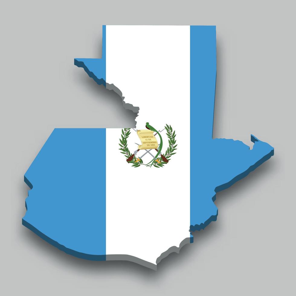 Isometrische 3d-karte von guatemala mit nationalflagge. vektor