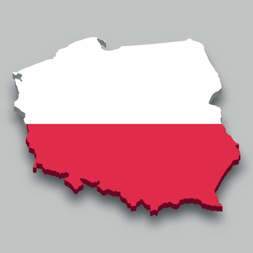 Isometrische 3d-karte von polen mit nationalflagge. vektor