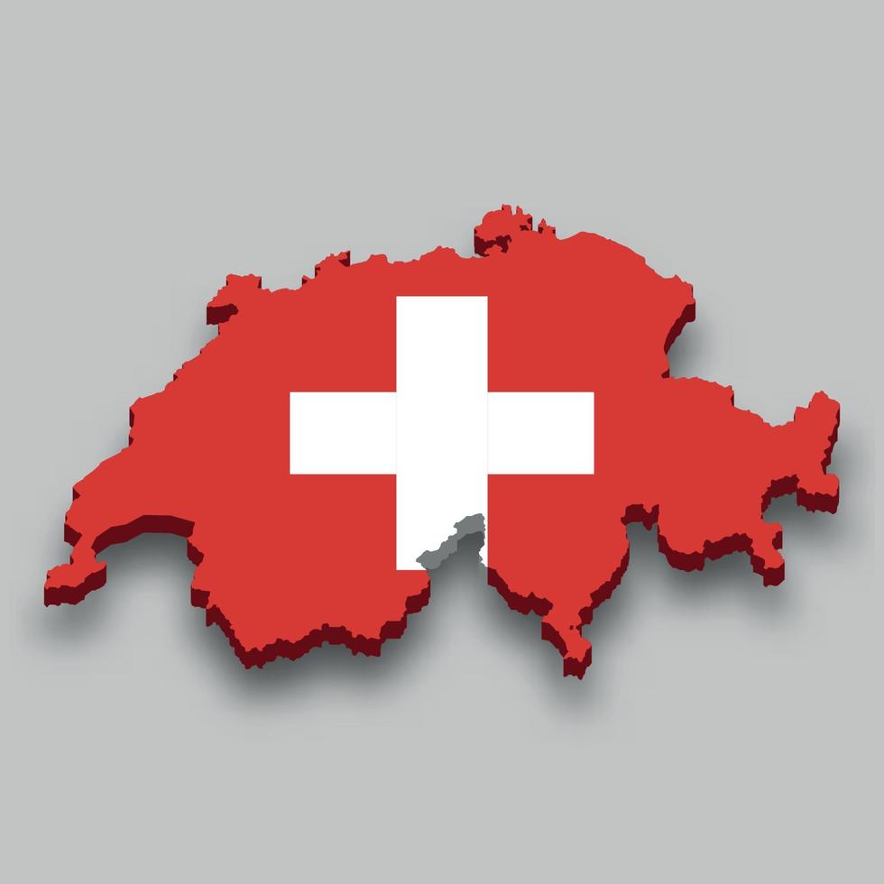 Isometrische 3d-karte der schweiz mit nationalflagge. vektor