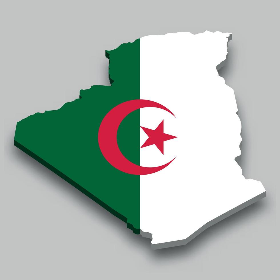 Isometrische 3d-karte von algerien mit nationalflagge. vektor