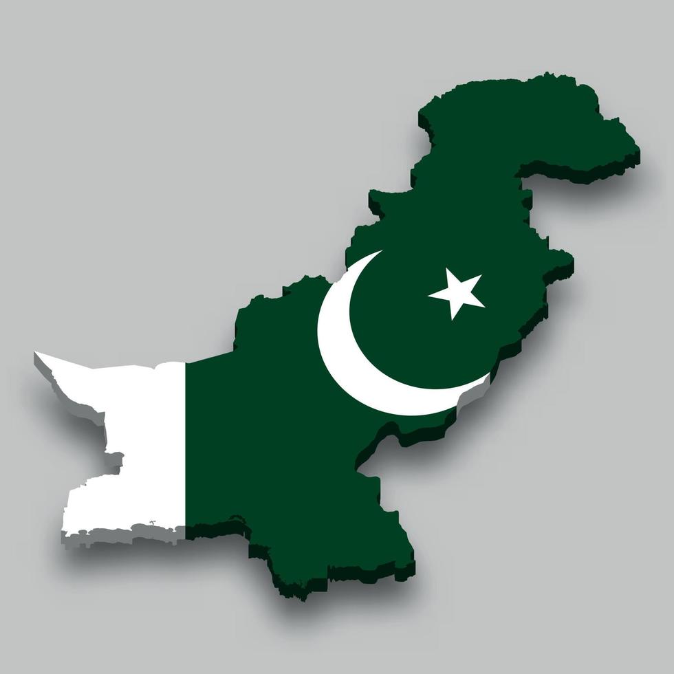 Isometrische 3d-karte von pakistan mit nationalflagge. vektor