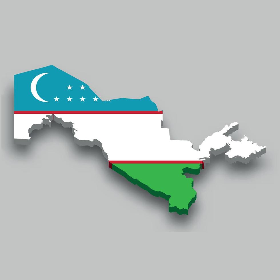 Isometrische 3d-karte von usbekistan mit nationalflagge. vektor