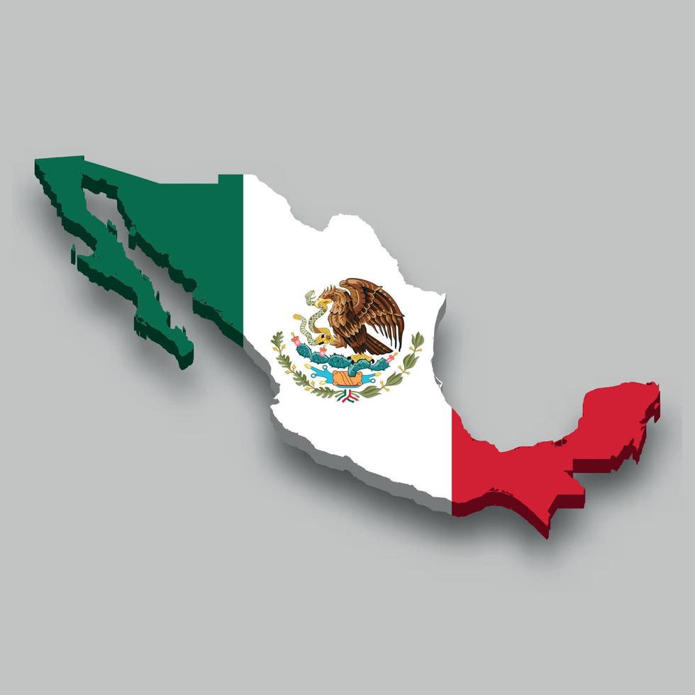 Isometrische 3d-karte von mexiko mit nationalflagge. vektor