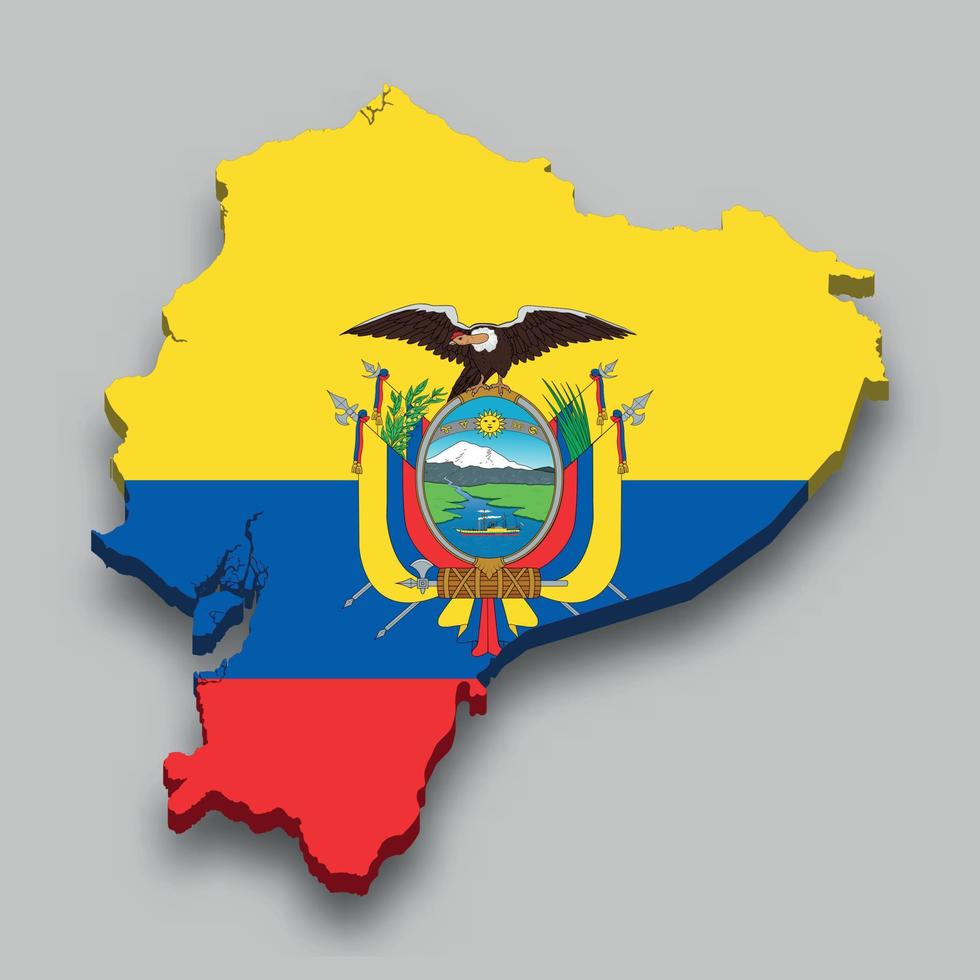 Isometrische 3d-karte von ecuador mit nationalflagge. vektor