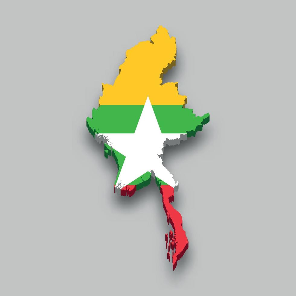 Isometrische 3d-karte von myanmar mit nationalflagge. vektor