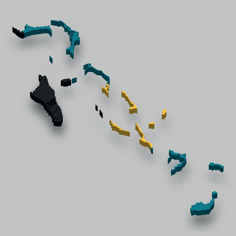 Isometrische 3d-karte von bahamas mit nationalflagge. vektor