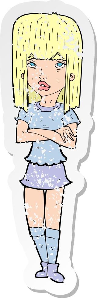 retro nödställd klistermärke av en tecknad flicka med korsade armar vektor