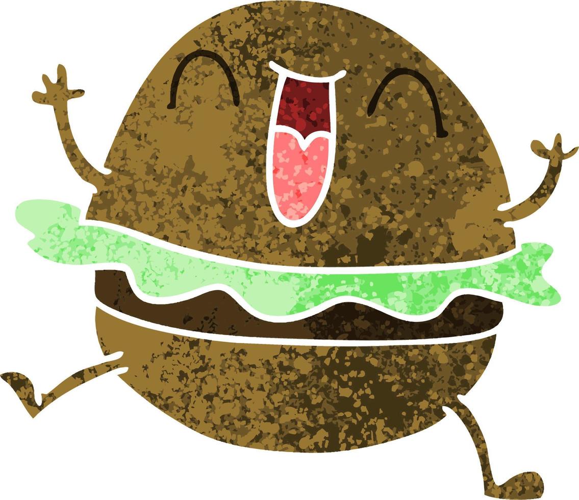 knäppa retro illustration stil tecknad serie Lycklig burger vektor