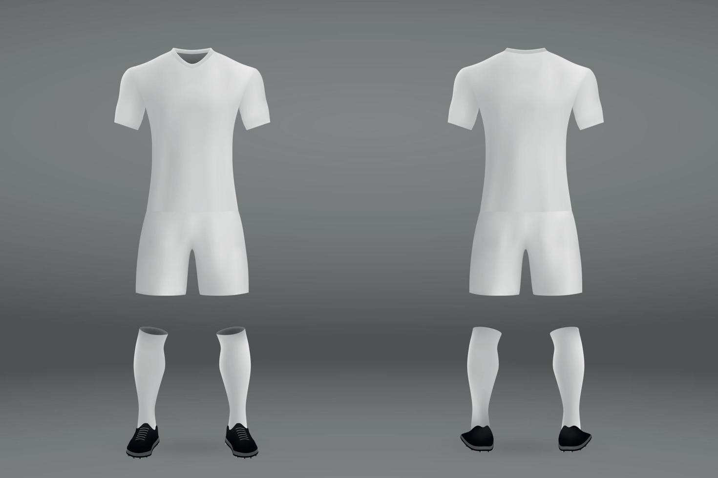 3D realistisch von Vorder- und Rückseite des weißen Fußball-Jersey-T-Shirts mit Hosen und Socken auf Shop-Hintergrund. vektor