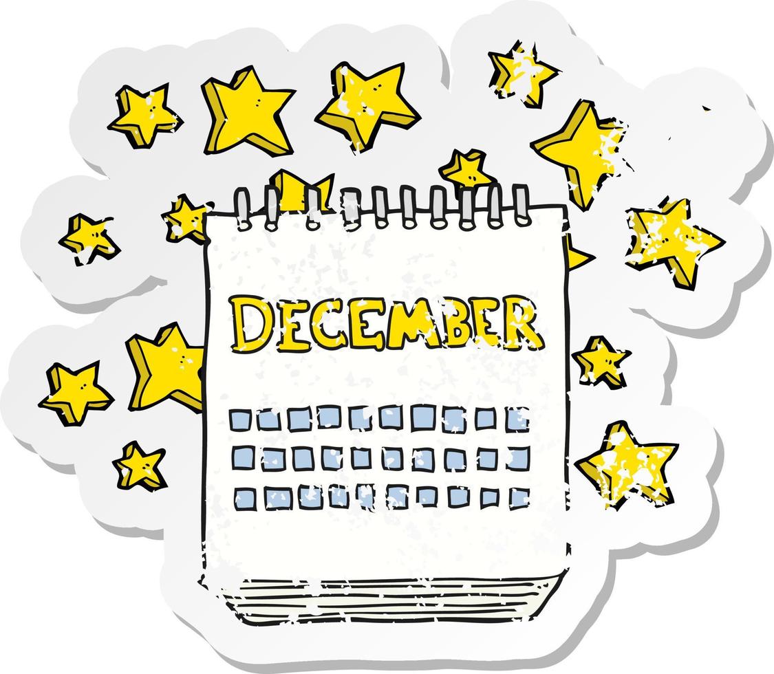 Retro-Distressed-Aufkleber eines Cartoon-Kalenders, der den Monat Dezember zeigt vektor
