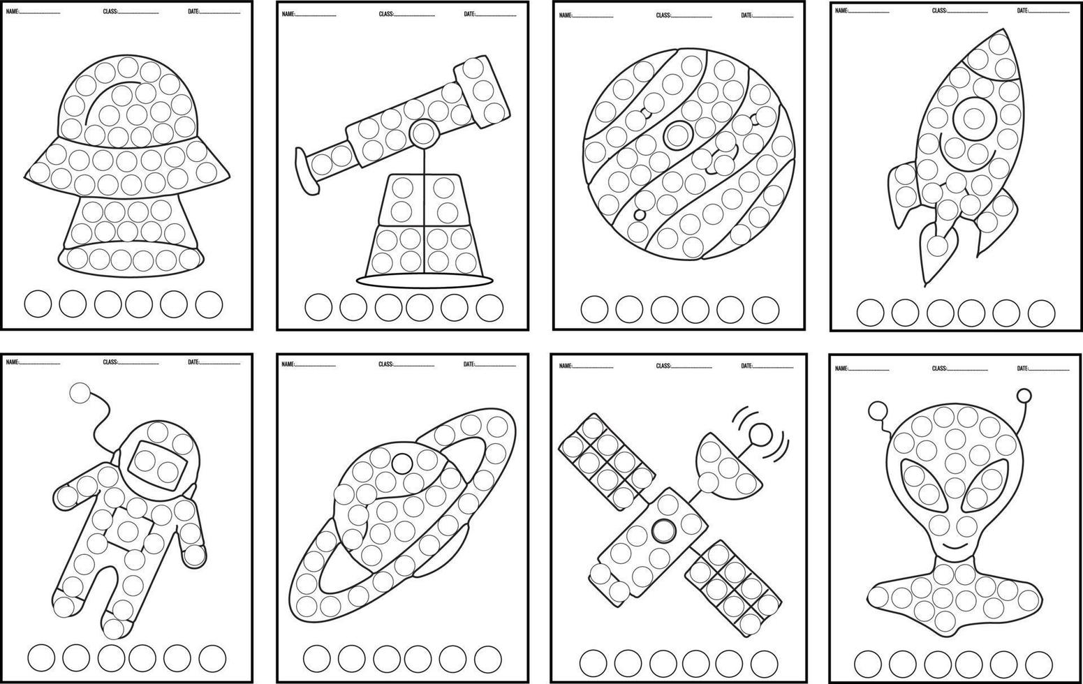 Weltraum-Punktmarker-Aktivitätsbuch Spaß mit Do-a-Dot-Marker-Aktivitätsbuch, gefüllt mit bunten Weltraum-Galaxie-Planeten Sonnensystem-Farbklecksen-Punkt-Malbüchern für Vorschulkinder und Kleinkinder vektor
