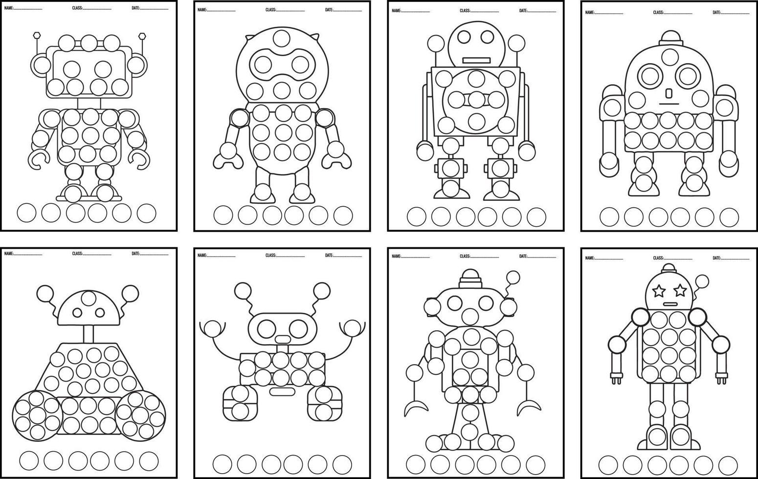 Roboter-Malbuch-Punktmarkierungen für Kinder, mechanisches Charakterdesign. vektor