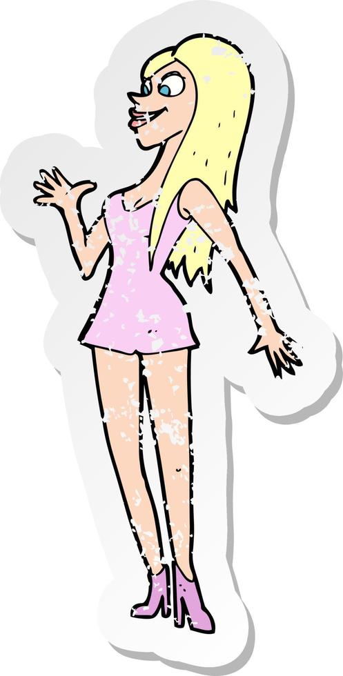 retro nödställd klistermärke av en tecknad kvinna i rosa klänning vektor