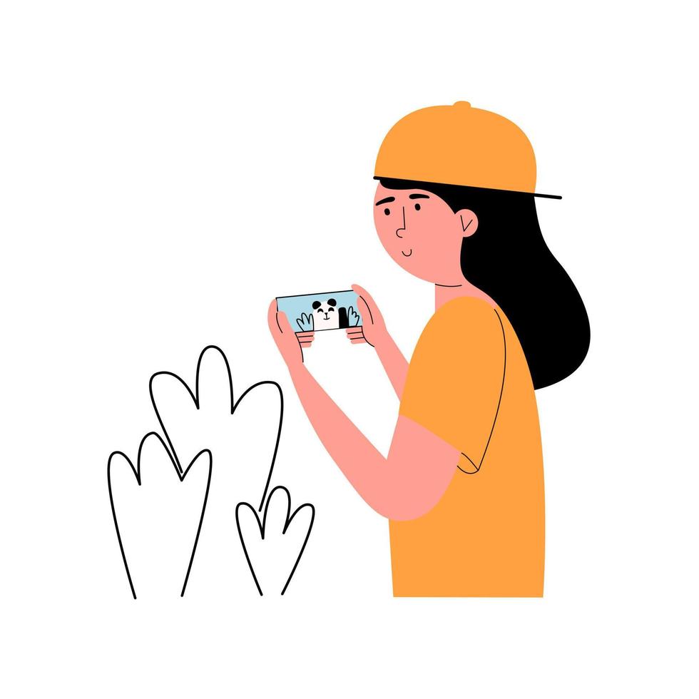 Ein junges Mädchen spielt mit Augmented Reality am Telefon. flache vektorillustration. AR-Technologie vektor