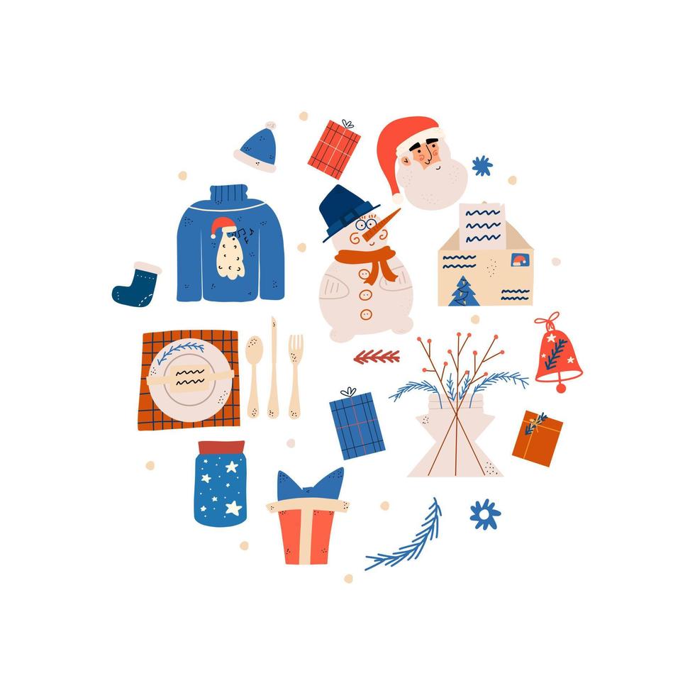 uppsättning av jul element med santa claus, gåva, strumpa, ful Tröja, klocka. vektor ritad för hand illustration för de ny år.
