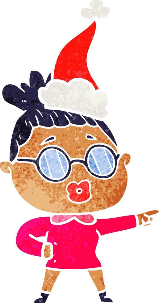 Retro-Karikatur einer zeigenden Frau mit Brille und Weihnachtsmütze vektor