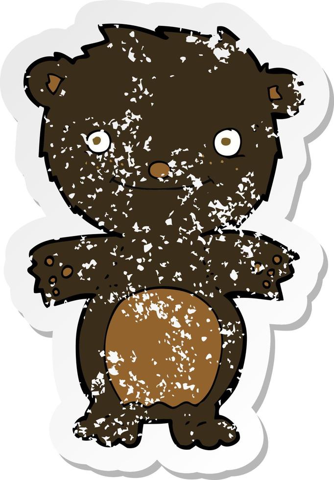 Retro beunruhigter Aufkleber eines glücklichen kleinen schwarzen Bären der Karikatur vektor