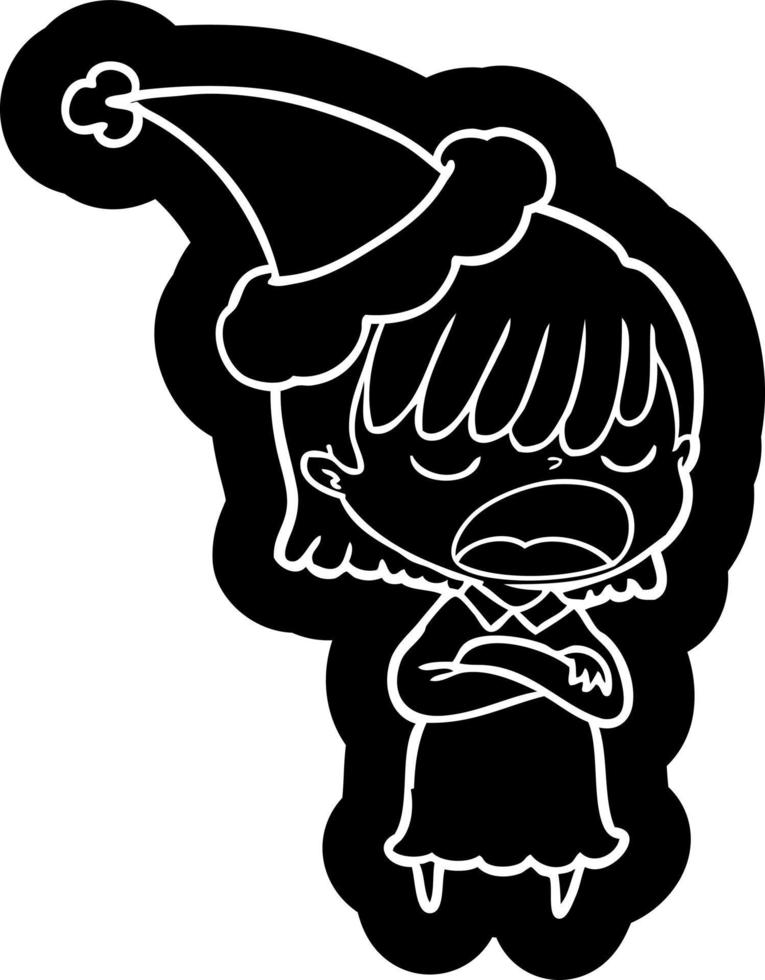 tecknad serie ikon av en kvinna talande högt bär santa hatt vektor