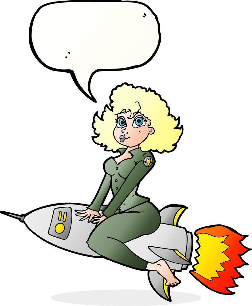 Cartoon-Armee-Pin-up-Girl mit Rakete und Sprechblase vektor