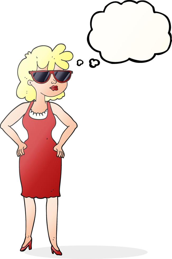 Freihändig gezeichnete Gedankenblase Cartoon Frau mit Sonnenbrille vektor
