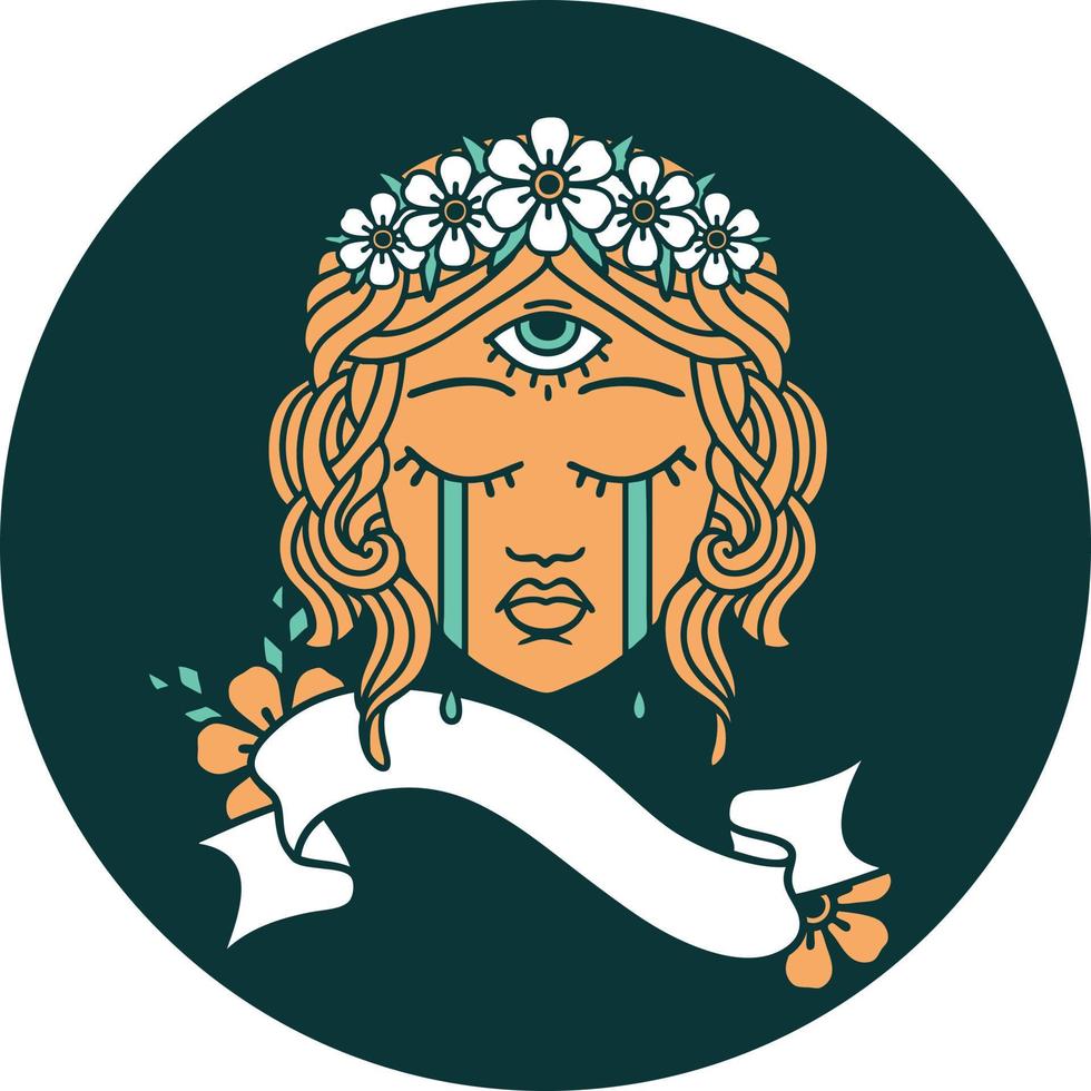 tatuering stil ikon med baner av kvinna ansikte med mystiker tredje öga gråt vektor