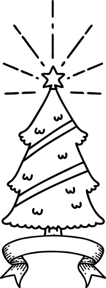 Scroll-Banner mit schwarzem Weihnachtsbaum im Tattoo-Stil mit Stern vektor