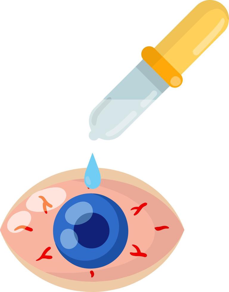 pipett och ögon droppar. platt släppa av vatten. blå mänsklig elev. röd öga sjukdom. medicin för blod fartyg och allergi problem. konjunktivit och hälsa vektor