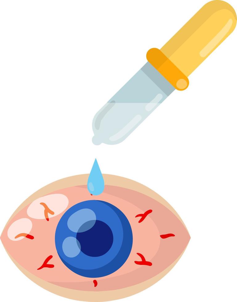 Pipette und Pipette. flacher Wassertropfen. blaue menschliche Pupille. Rote-Augen-Krankheit. Medizin für Blutgefäße und Allergieprobleme. Bindehautentzündung und Gesundheit vektor