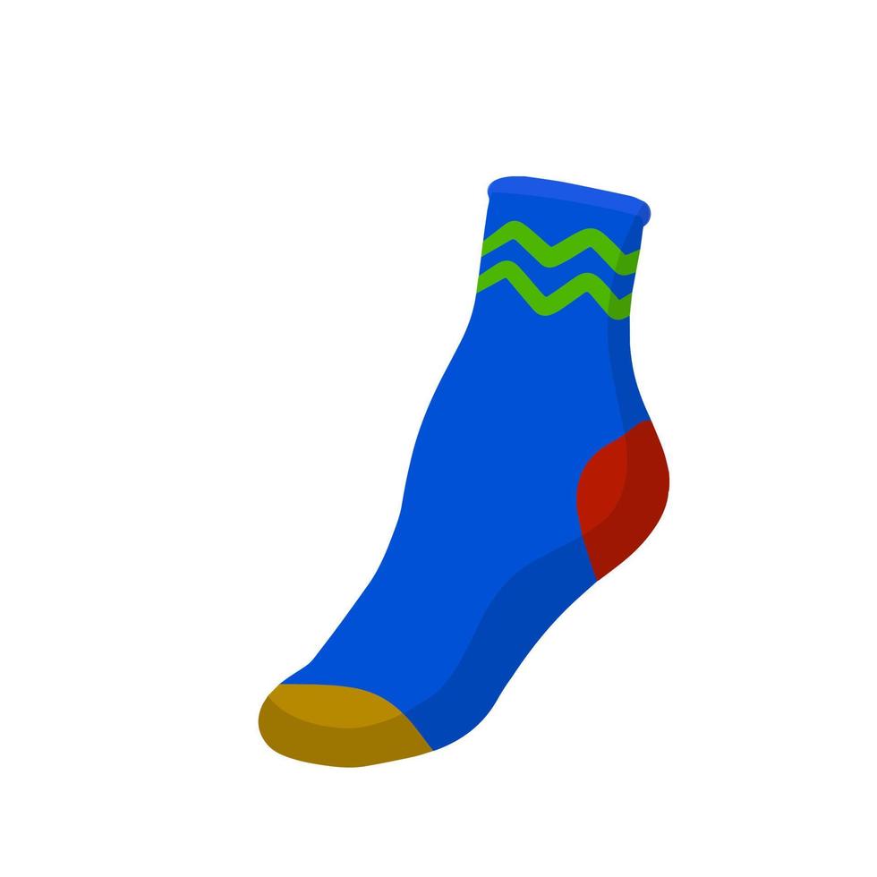 Socke. Element der Kinderbekleidung für den Fuß. grelle Farbe. lustiges Objekt, isoliert auf weiss. flache Karikatur vektor