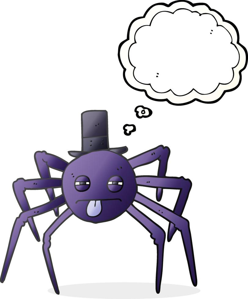 Freihändig gezeichnete Gedankenblasen-Karikatur-Halloween-Spinne im Hut vektor