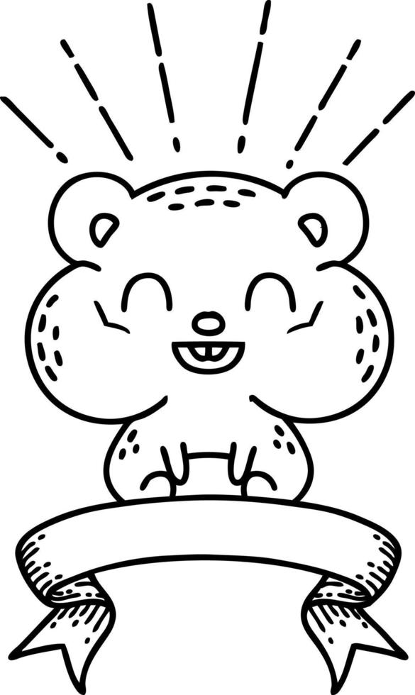 Scroll-Banner mit glücklichem Hamster im Tattoo-Stil mit schwarzer Linie vektor